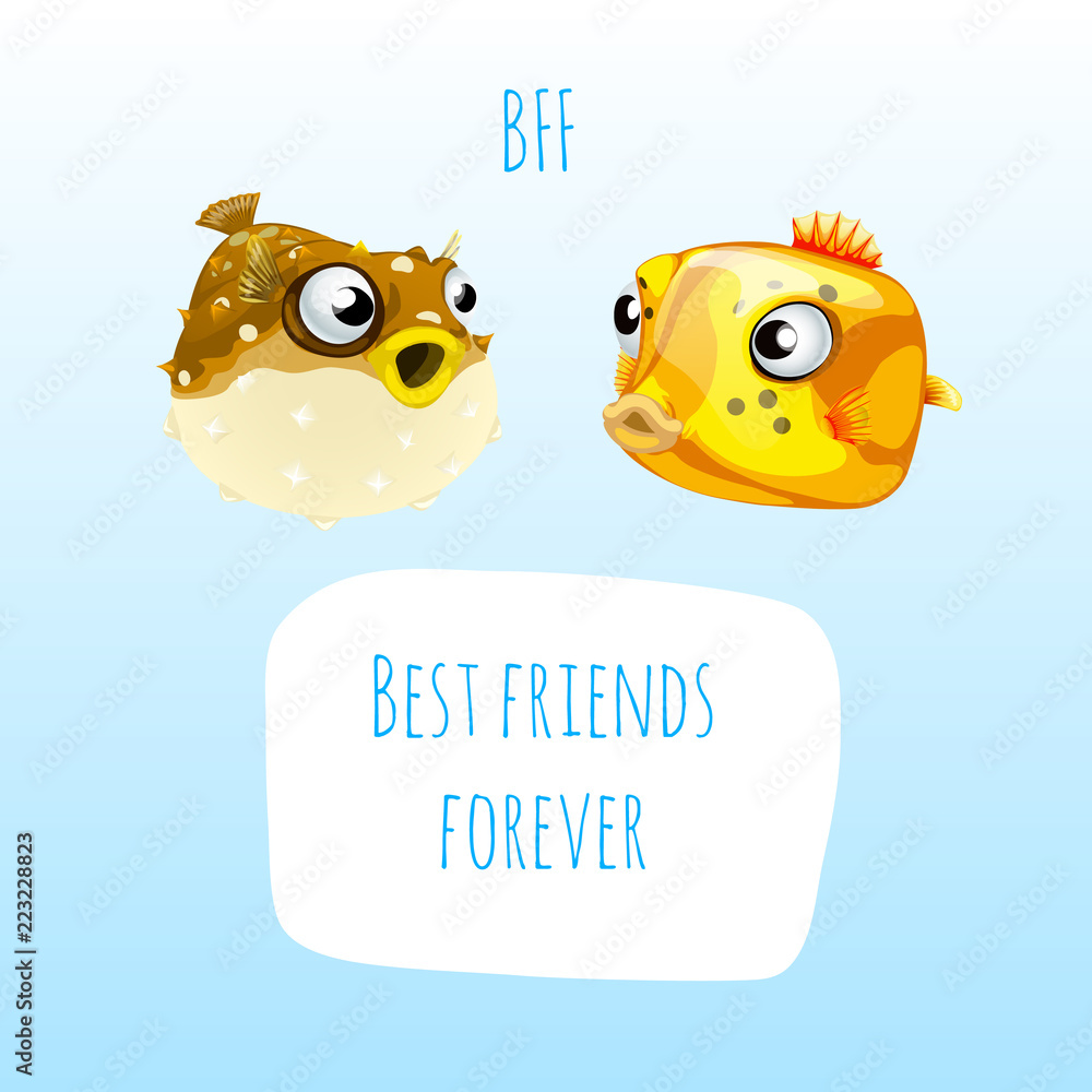 Funny poster with the image of two marine fish and the words best friends  forever. Sample design of placard with cute funny animals. Vector cartoon  close-up illustration. Stock Vector | Adobe Stock