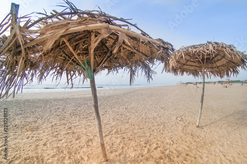 Thatch umbrellas of straw for shade on paradise beach in pondicherry chennai with brown sand  blue skies and the orange from sunrise making this the perfect vacation shot