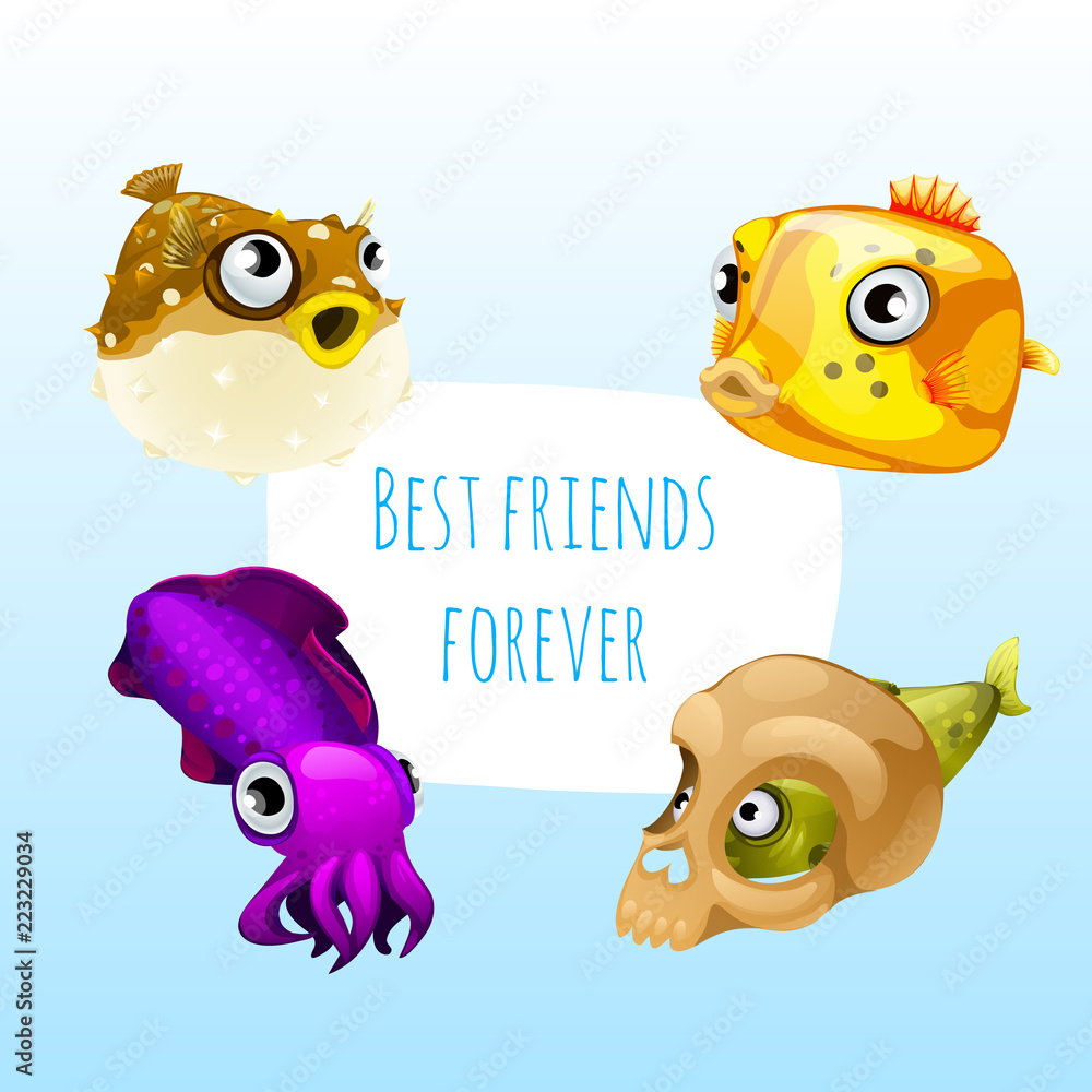 Funny poster with image of marine fishes with cute purple cuttlefish and  the words best friends forever. Sample design of placard with cute funny  animals. Vector cartoon close-up illustration. Stock Vector |