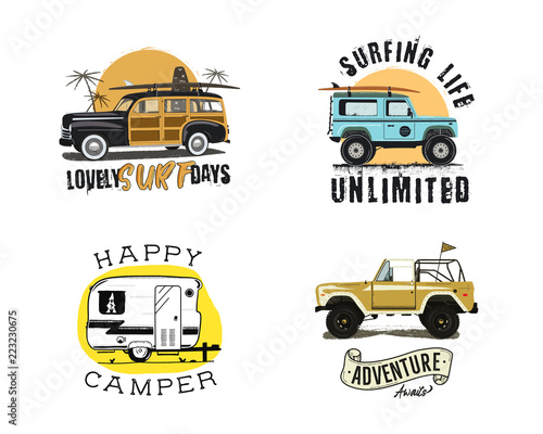 Vintage surfing graphics and emblems set for web design or print. Surfer logo templates. Surf Badges. Summer fun. Surfboard elements. Outdoors activity - boarding on waves. Vector hipster insignias