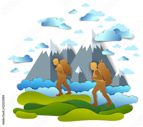 Active father and teenage son hiking through grasslands to mountains, clouds in the summer sky. Fatherhood, hiker men having time of freedom in nature summer holidays, vector illustration. © Sylverarts