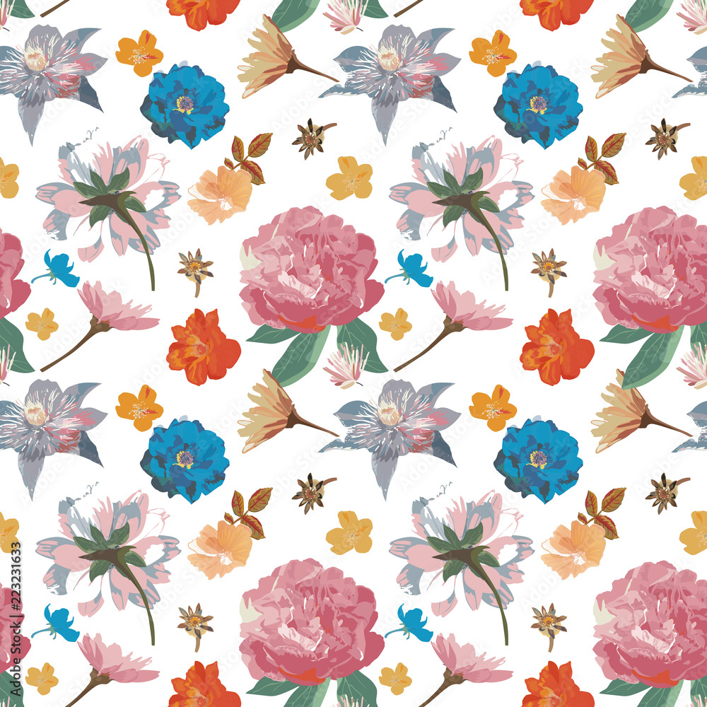 Flowers seamless pattern hand drawn for print design. Vector bac