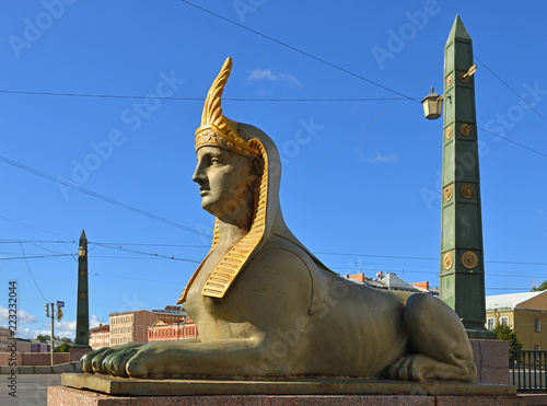 Sphinx chimera of Egyptian bridge over Fontanka river, St. Petersburg, Russia photo