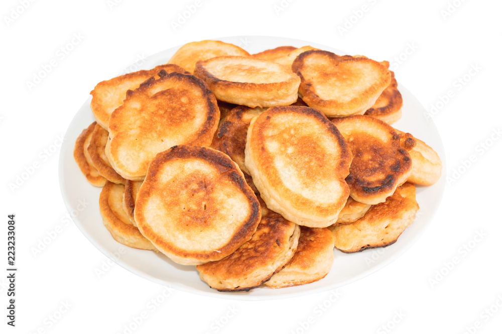 Sweet toasted pancakes on white plate and isolated white background Sweet toasted pancakes on white plate and isolated white background