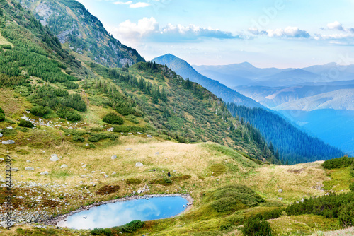 Blue lake in the mountains with green grass © Pavlo Vakhrushev