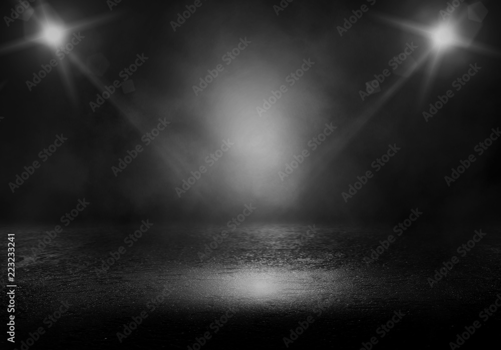 Background of empty room with spotlights and lights, abstract purple background with neon glow Background of empty room with spotlights and lights, abstract purple background with neon glow