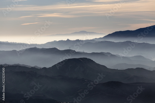 Misty hills and canyons in the San Gabriel Mountains foothills north of Los Angeles in scenic Southern California.