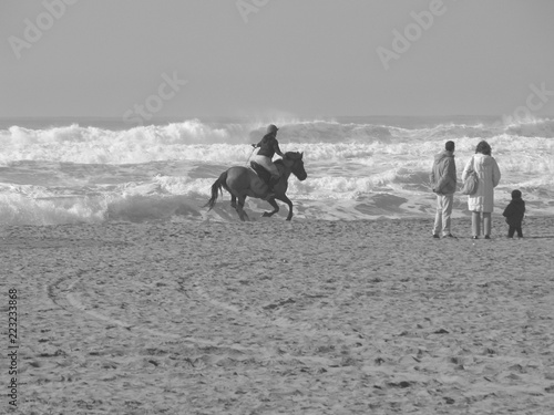Skilled young girl riding horse on the beach in front of a family