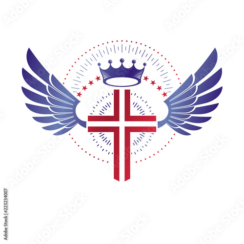 Cross of Christianity graphic emblem. Heraldic vector design element. Retro style label, religious insignia decorated with luxury monarch crown and liberty bird wings.