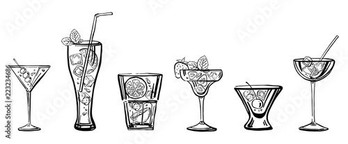 Vector outline hand drawn sketch illustration with different cocktails