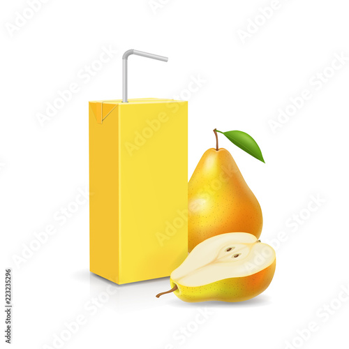 Pack of pear juice with drinking straw icon realistic 3d vector illustration