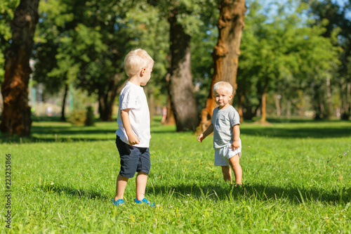 Company. Cute nice boys playing while spending a day in the garden together