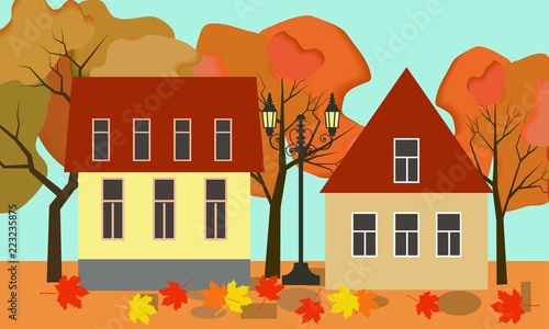 Vector autumn illustration of a beautiful fall cottage houses with bright foliage trees