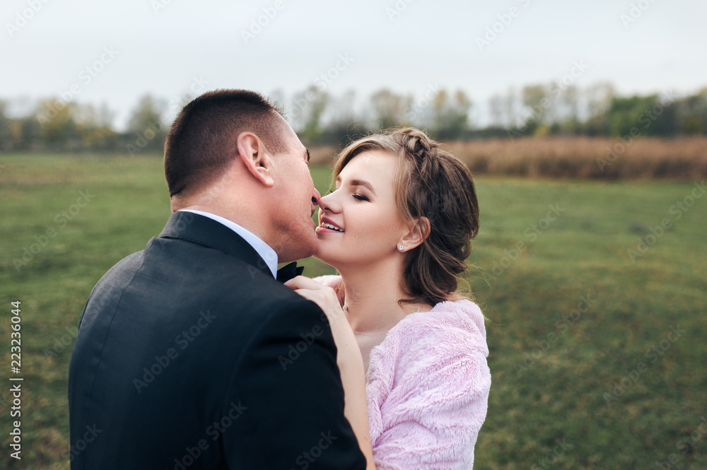 A beautiful bride gently kisses a stylish groom against the background of a green field and a pine forest. Wedding portrait close-up of cute newlyweds. Wedding. A beautiful bride gently kisses a stylish groom against the background of a green field and a pine forest. Wedding portrait close-up of cute newlyweds. Wedding.