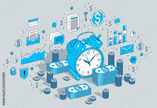 Time is Money concept, table Alarm Clock with cash money stacks and coin piles isolated on white background. Vector 3d isometric business illustration with icons, stats charts and design elements.