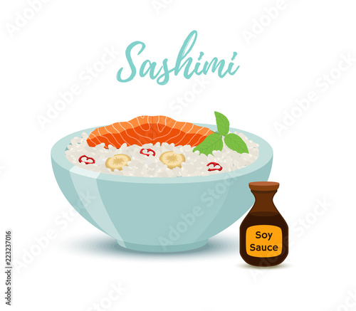 Vector Japan food - sashimi in red bowl. Salmon