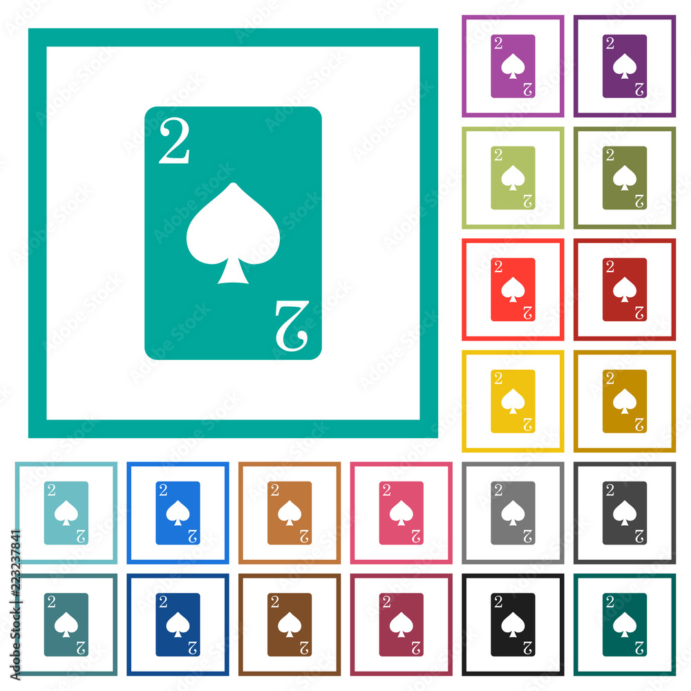 Two of spades card flat color icons with quadrant frames Two of spades card flat color icons with quadrant frames