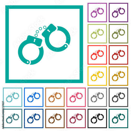 Handcuffs flat color icons with quadrant frames