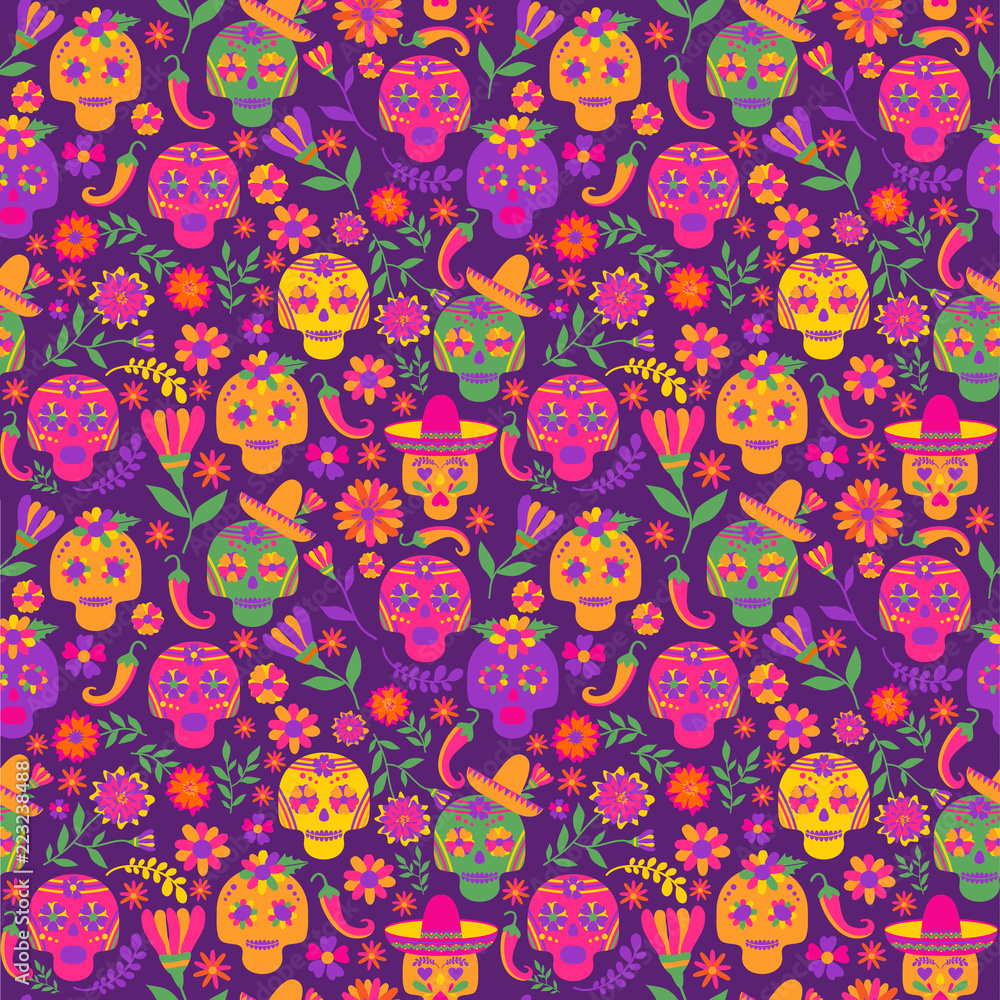 Dia de los muertos seamless vector pattern. The main symbols of the holiday on the dark background. Day of the dead. Dia de los muertos seamless vector pattern. The main symbols of the holiday on the dark background. Day of the dead.