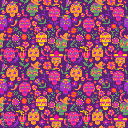 Dia de los muertos seamless vector pattern. The main symbols of the holiday on the dark background. Day of the dead.