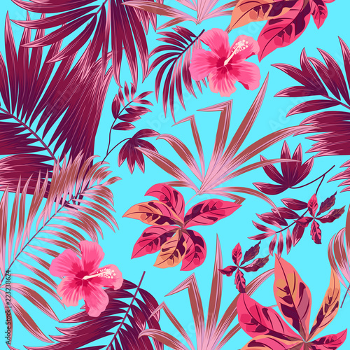 Seamless pattern of exotic jungle plant tropical palm leaves, floral vector.