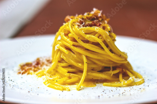 Spaghetti alla carbonara with guanciale, eggs and pecorino cheese