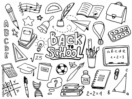 Back to School with hand drawn school supplies. Doodle lettering and school object collection. Sketch icon set. Kids style ink background. Education Concept. Vector illustration.