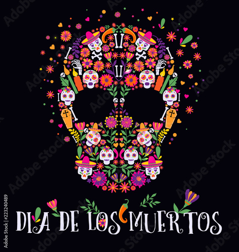 Vector illustration of an ornately decorated Day of the Dead Dia de los Muertos skull, or calavera.