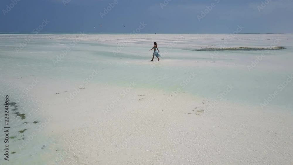 Aerial: the girl in the dress is walking along the paradise beach alone. Jambiani Beach Aerial: the girl in the dress is walking along the paradise beach alone. Jambiani Beach
