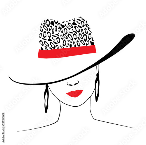 Woman in hat with leopard print and red ribbon. Red lips chic. Fashion illustration. Vector EPS 10.