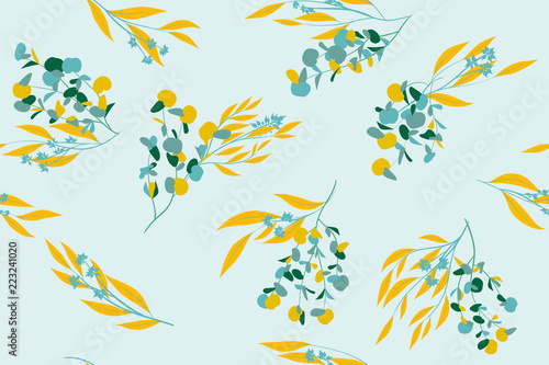 Floral Seamless Pattern in Pastel Color Design. Vector Eucalyptus Leaves and Beautiful Blossom Elements. Botanical Summer Background. Floral Seamless Pattern for Wedding Design, Print, Textile, Fabric