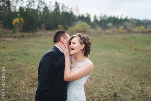 Beautiful and stylish newlyweds are hugging and smiling against the background of a green field and forest. A wedding portrait of an adult groom in a black suit and a cute bride in a lavish dress.