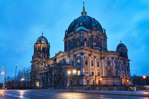 Evangelical Cathedral Facade in Berlin at night. © GKor