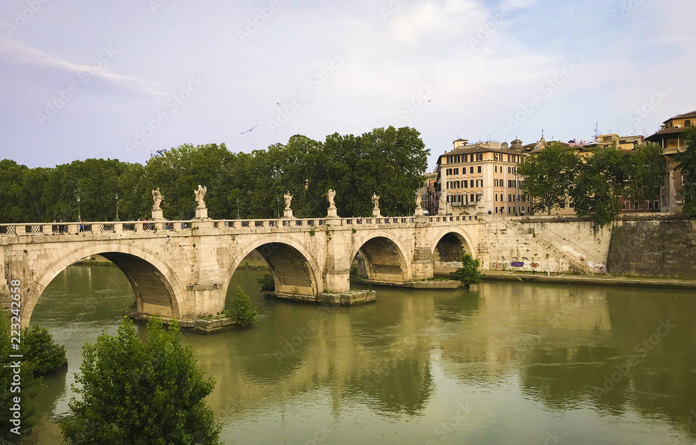 Rome, Italy -  Panoramic view of Sant'Angelo bridge and the Tiber river and its banks