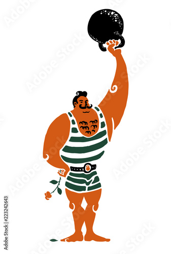 Strong hipster macho man playing with weights, standing at expressive pose. Vector illustration, isolated on white.