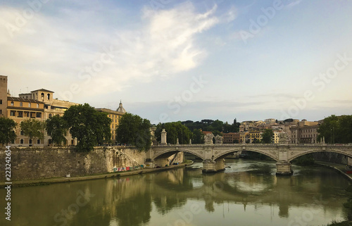 Rome/ Italy - Panoramic view of Vittorio Emanuele II bridge and the Tiber river and its banks.