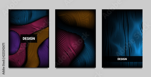 Geometry. Abstract Background Set With Movement and Volume Effect. Covers with Vibrant Gradient and Wavy Lines. Trendy Futuristic Illustration with Distort. Abstract Geometry for Brochure, Business.