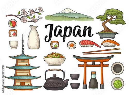 Set Japan. Fuji, pagoda, sushi, sakura. Vintage engraving