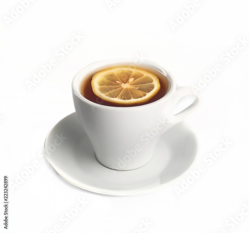 Hot drink with a lemon slice in it