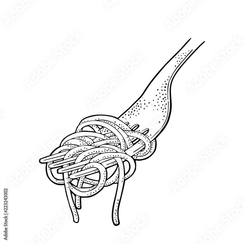 Spaghetti on fork. Vector vintage engraving black illustration isolated on white background.