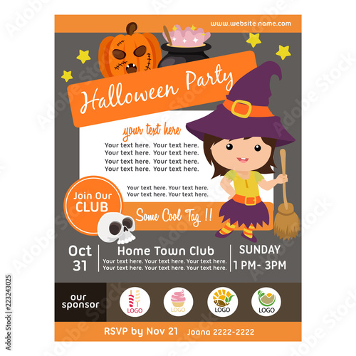 cute halloween party poster with witch kid broomstick