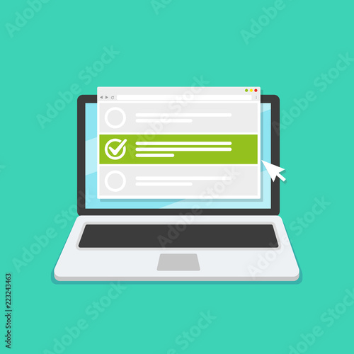Online form survey on laptop. Vector illustration. Flat style design