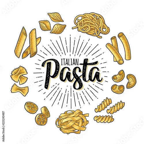 Different types macaroni and ITALIAN PASTA lettering. Vector engraving