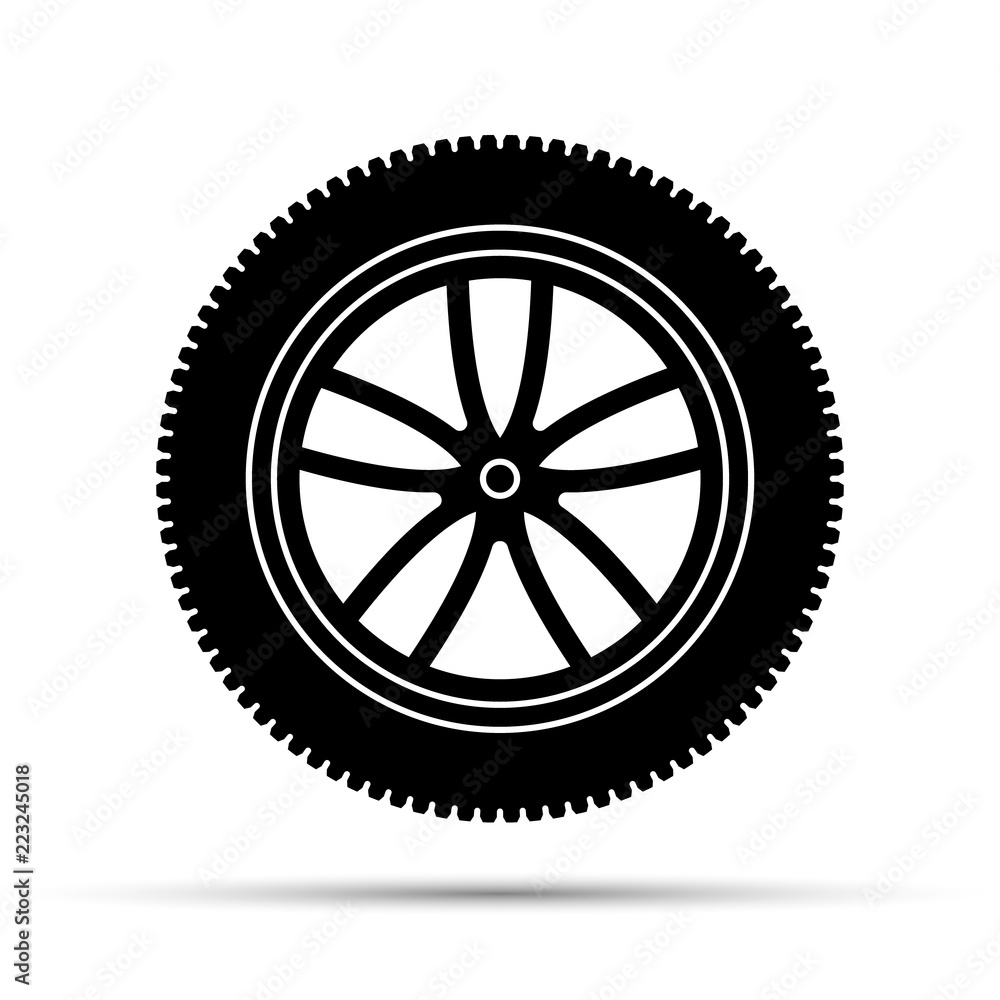 Car wheel black icon on a white background and shadow