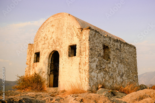 Old altar and abandoned church on top of the Kayakoy Village. Fethiye, Turkey