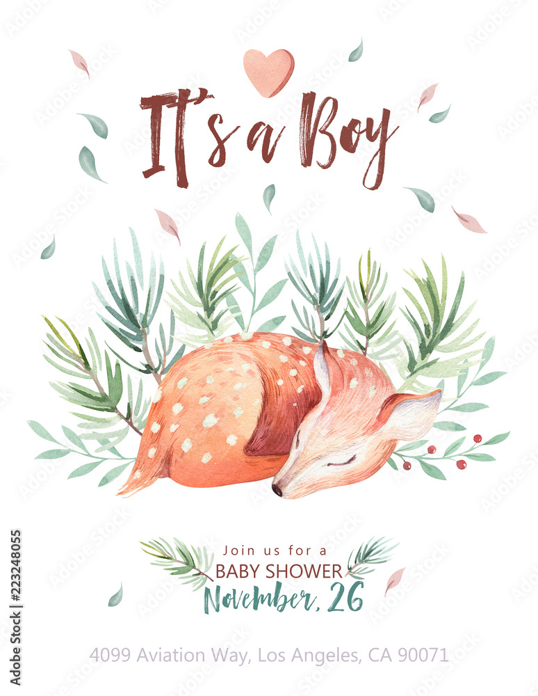Obraz Cute watercolor baby deer animal , nursery isolated illustration for children clothing, pattern. WatercolorHand drawn boho image Perfect for phone cases design, nursery posters, postcards
