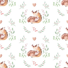 Sierkussen Baby hert patronen Cute watercolor baby deer animal seamless pattern, nursery isolated illustration for children clothing, patterns. Watercolor Hand drawn boho image Perfect for phone cases design, nursery posters  © kris_art