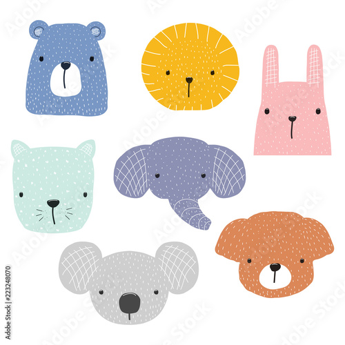 Collection of cute simple animals faces. Vector hand drawn illustration.