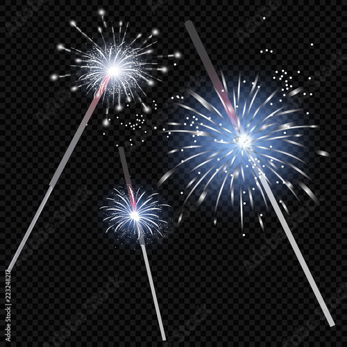 Christmas realistic bengal light effect. Isolated sparkler light vector design elements. Transparent template of glowing sparkler for Xmas Holiday greeting card design. Happy New Year decoration light