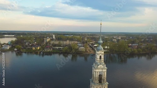 Cathedral bell tower off the shore Kalyazin town on great Volga river